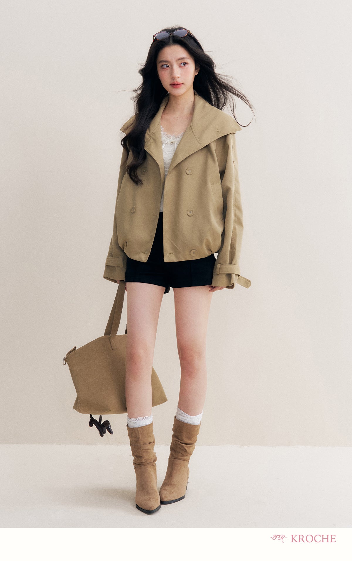 KROCHE Loose-fitting short trench coat, large lapels, double-breasted, loose-fitting, comfortable