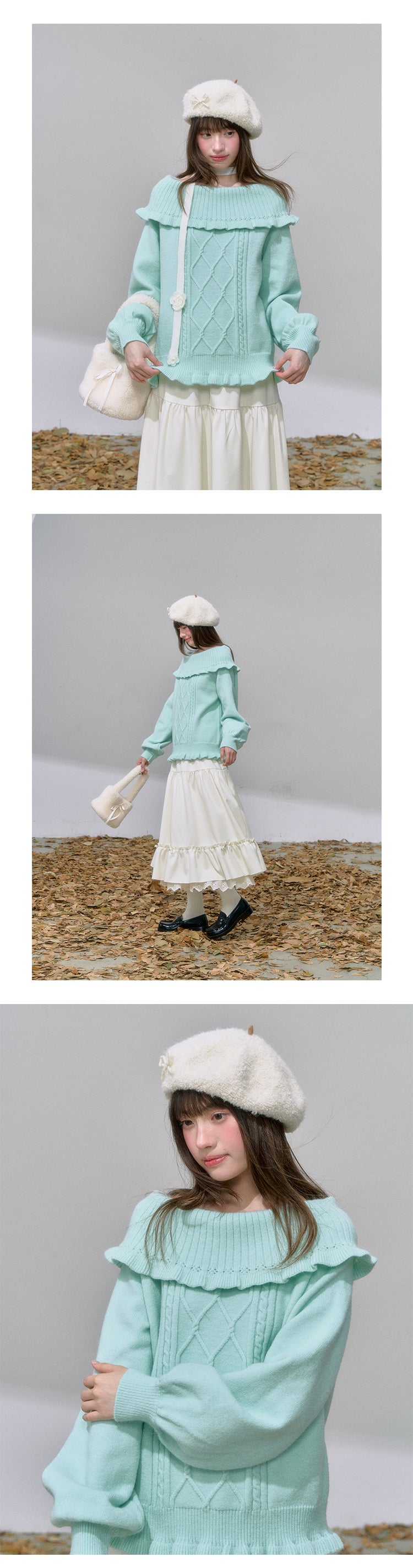 CANSTOREGIRLS Canned Goods Store Women's Mint Green Winter Off-the-Shoulder Rope Knit 'Mint Cloud Poem'