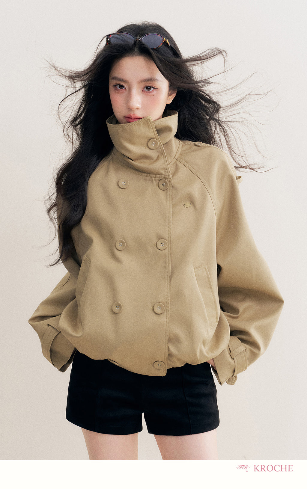 KROCHE Loose-fitting short trench coat, large lapels, double-breasted, loose-fitting, comfortable