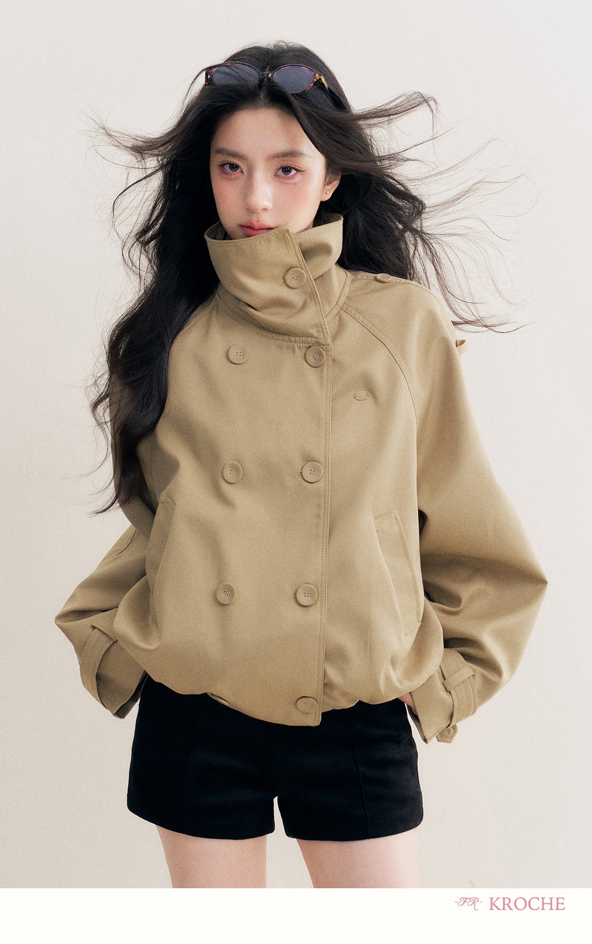 KROCHE Loose-fitting short trench coat, large lapels, double-breasted, loose-fitting, comfortable