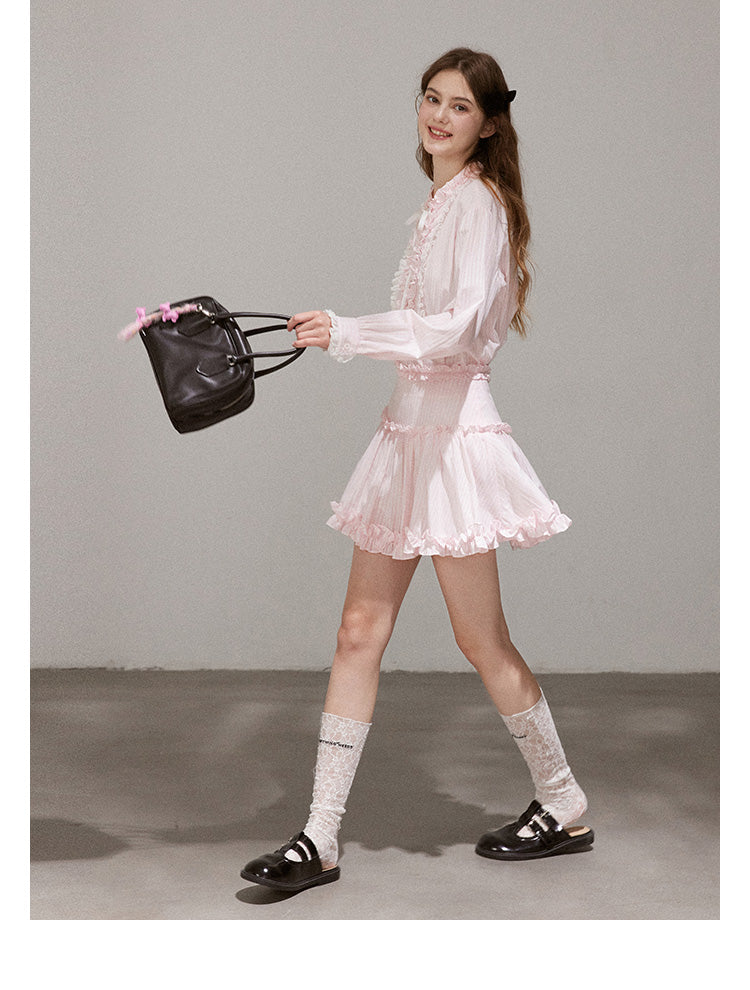 Set "Mist Color Dreamweaver" Women's French ruffled long sleeve shirt and designer mini skirt