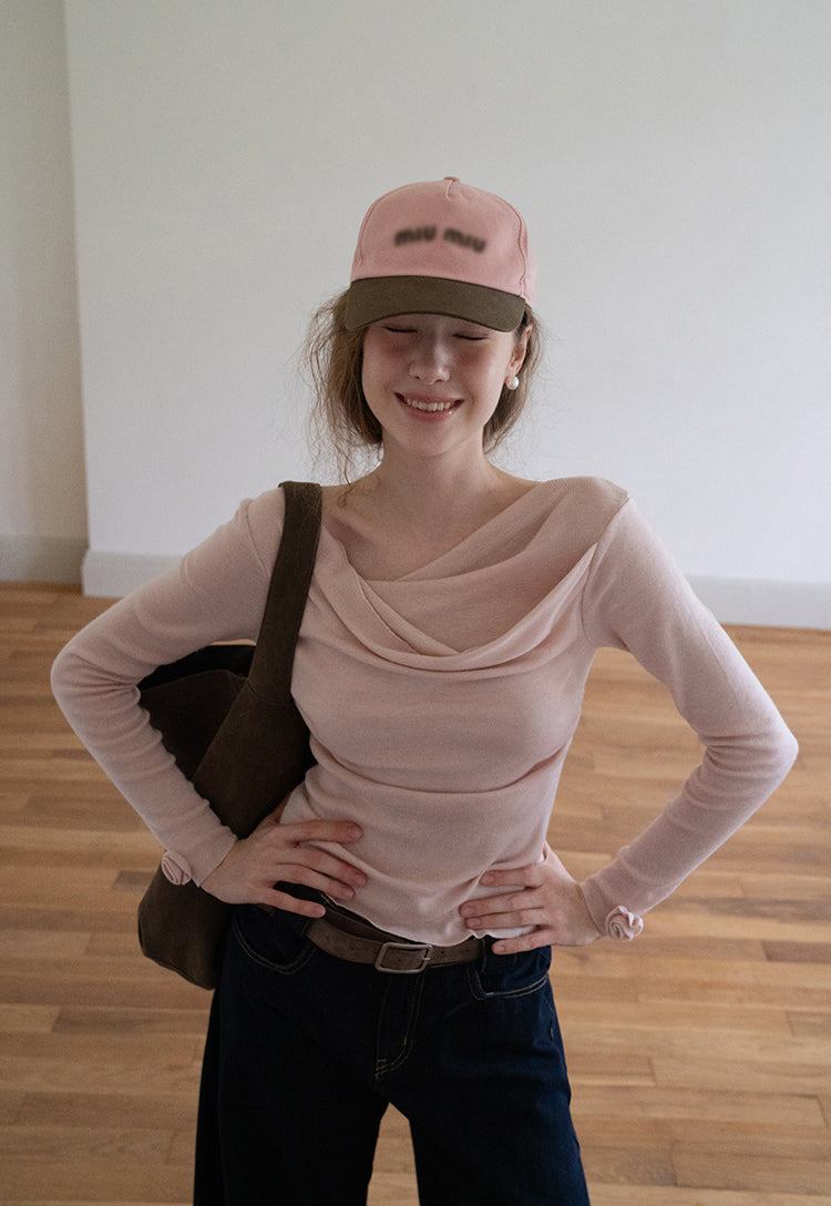 EGGKA Women's Pink French Style Off-the-Shoulder Long Sleeve Sweater, perfect for fall, makes you slim and elegant.