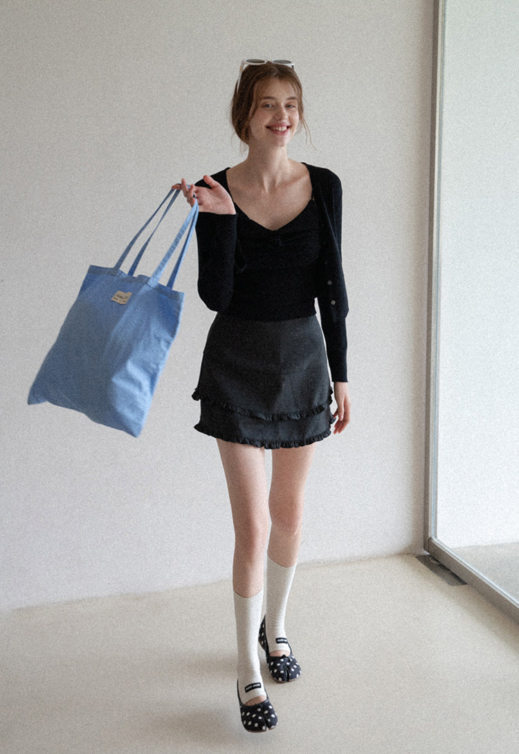French style two-layer ruffled A-line dress for early autumn, high waist, body-hugging, anti-revealing EGGKA