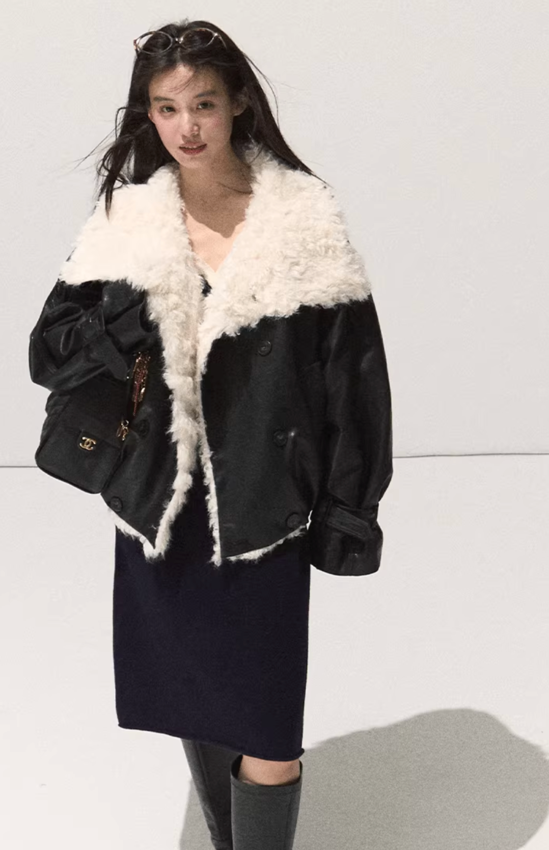 OAKMOO OAKMOO Short Fleece Leather Jacket / "A Night Under the Osmanthus Tree" for Women, Thick Lapel Collar Parka for Winter