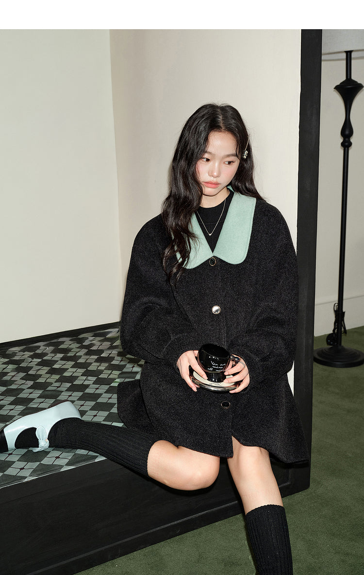 KOUSE Women's 2025 New Autumn Winter Classic Medium-Long Woolen Coat Black and Gray