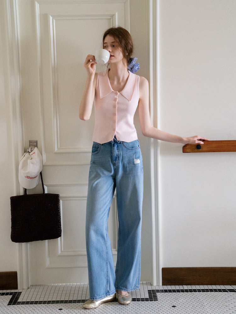 EGGKA Women's Summer Sleeveless Classic Lapel Cardigan Slim Fit Korean Elegant Temperament Slim Cardigan