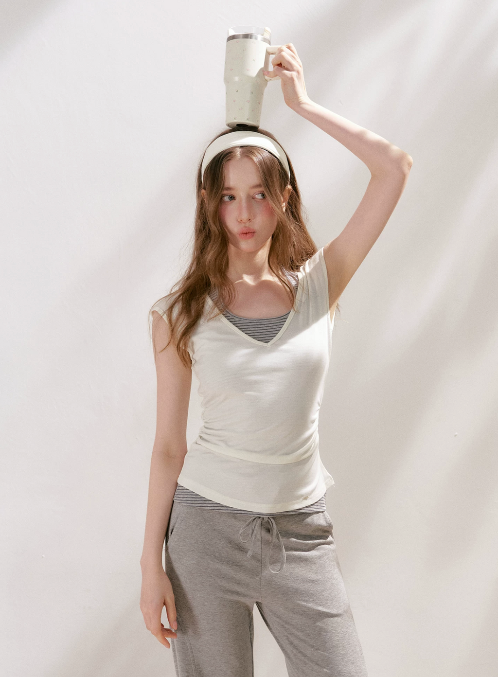 KROCHE Two-piece short-sleeved t-shirt with a slim fit, halter neck, color combination, "Lyocell" striped pattern.