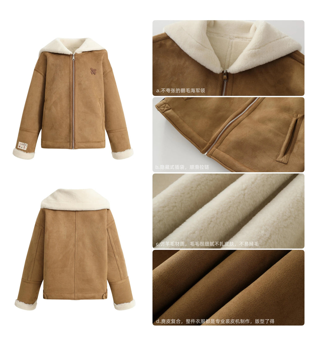 Women's winter warm thick fur coat, warm fur collar, top designed with suede ELEVEN SLEEP