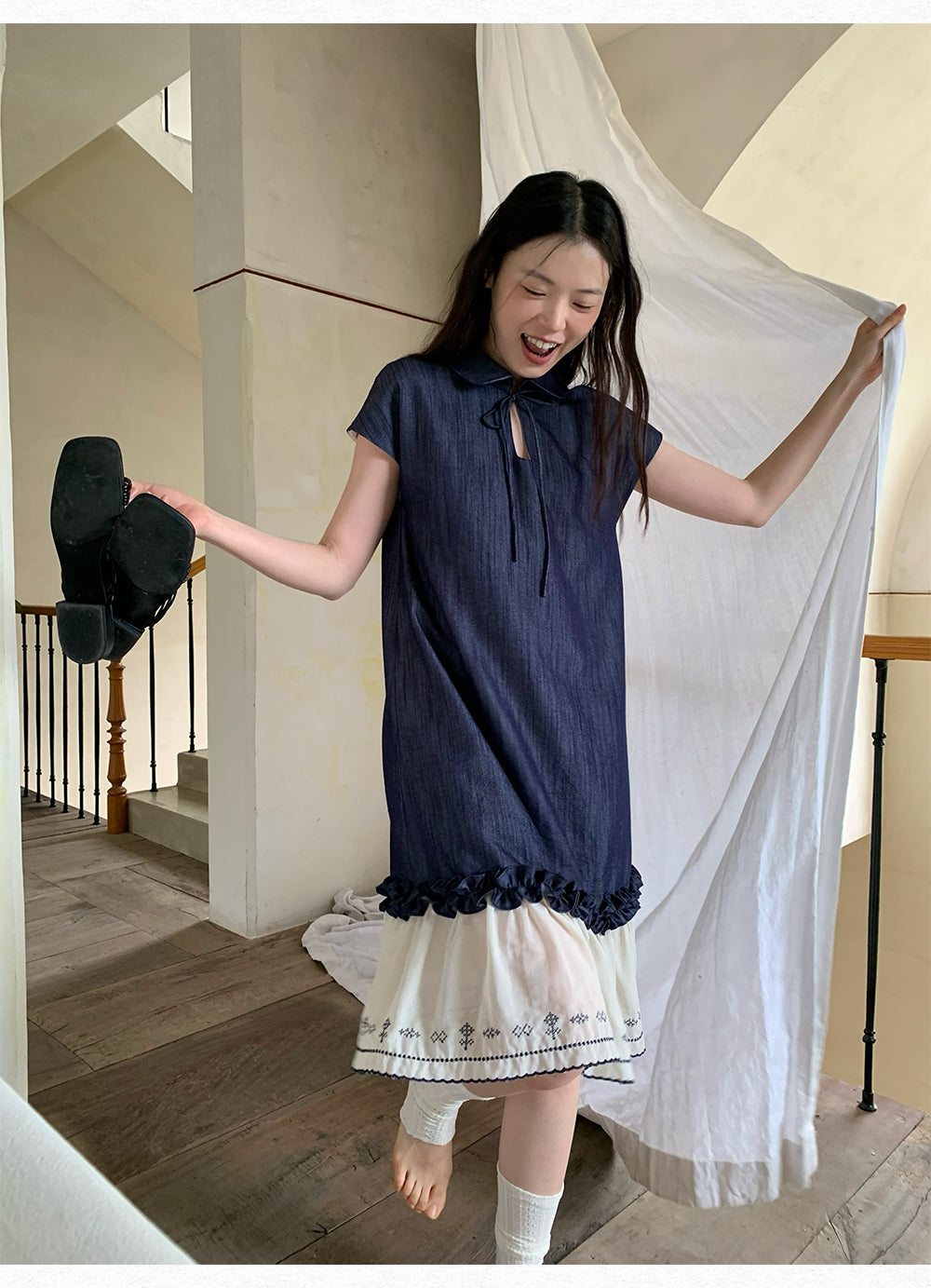 DORYDORY New Chinese style women's embroidered patchwork dress, super beautiful and unique design, blue dress.