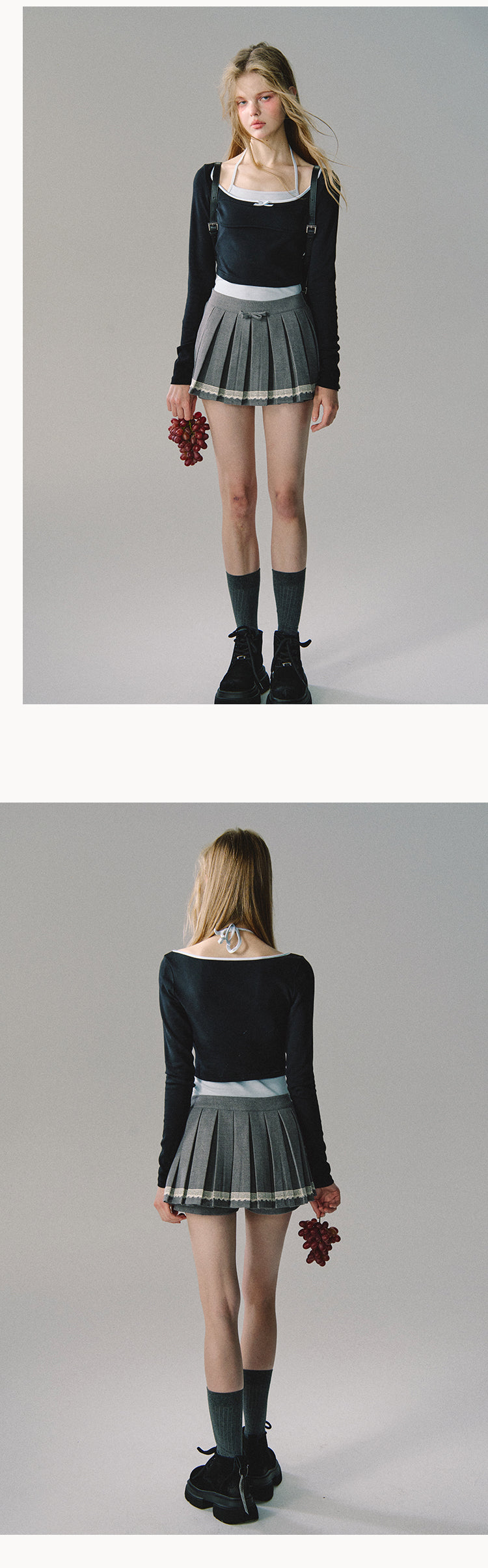 OAKMOO "Let Love Flow" Classic Gray Low-Waist Pleated Skirt for College Girls (Sale)