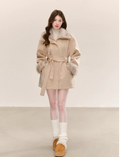 QDQD Elegant straight winter jacket QDQD office style, fleece collar, padded waist belt, helps slim the figure