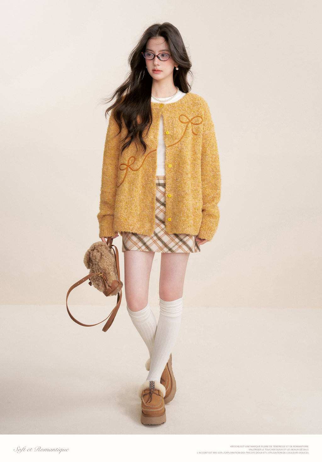 KROCHE Sunset Fluffy 25aw Thick Floral Bow Embroidered Cardigan