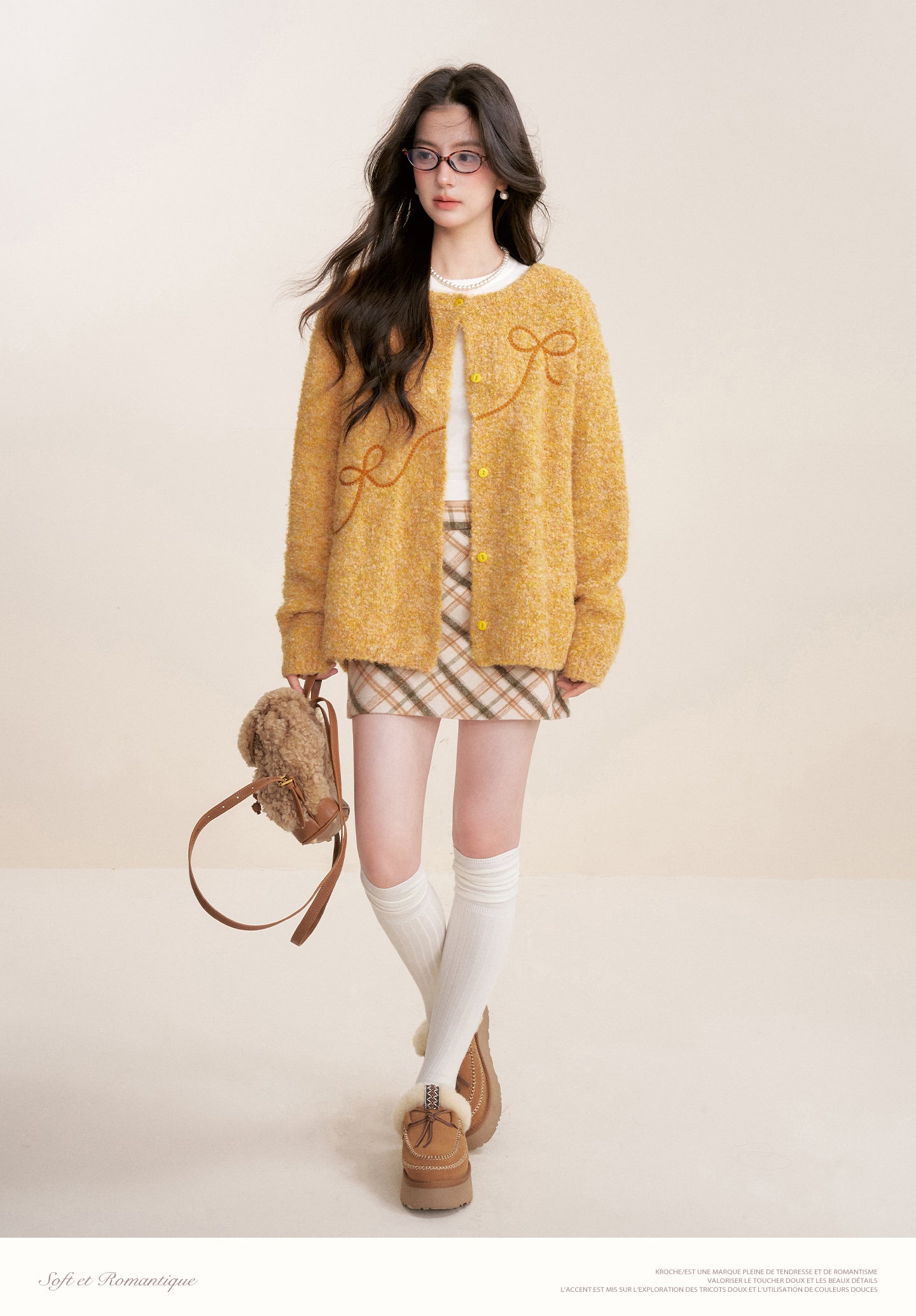 KROCHE Sunset Fluffy 25aw Thick Floral Bow Embroidered Cardigan