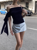 LATTITUDE Layered off-the-shoulder short-sleeve knit t-shirt in acetate with ribbon detail