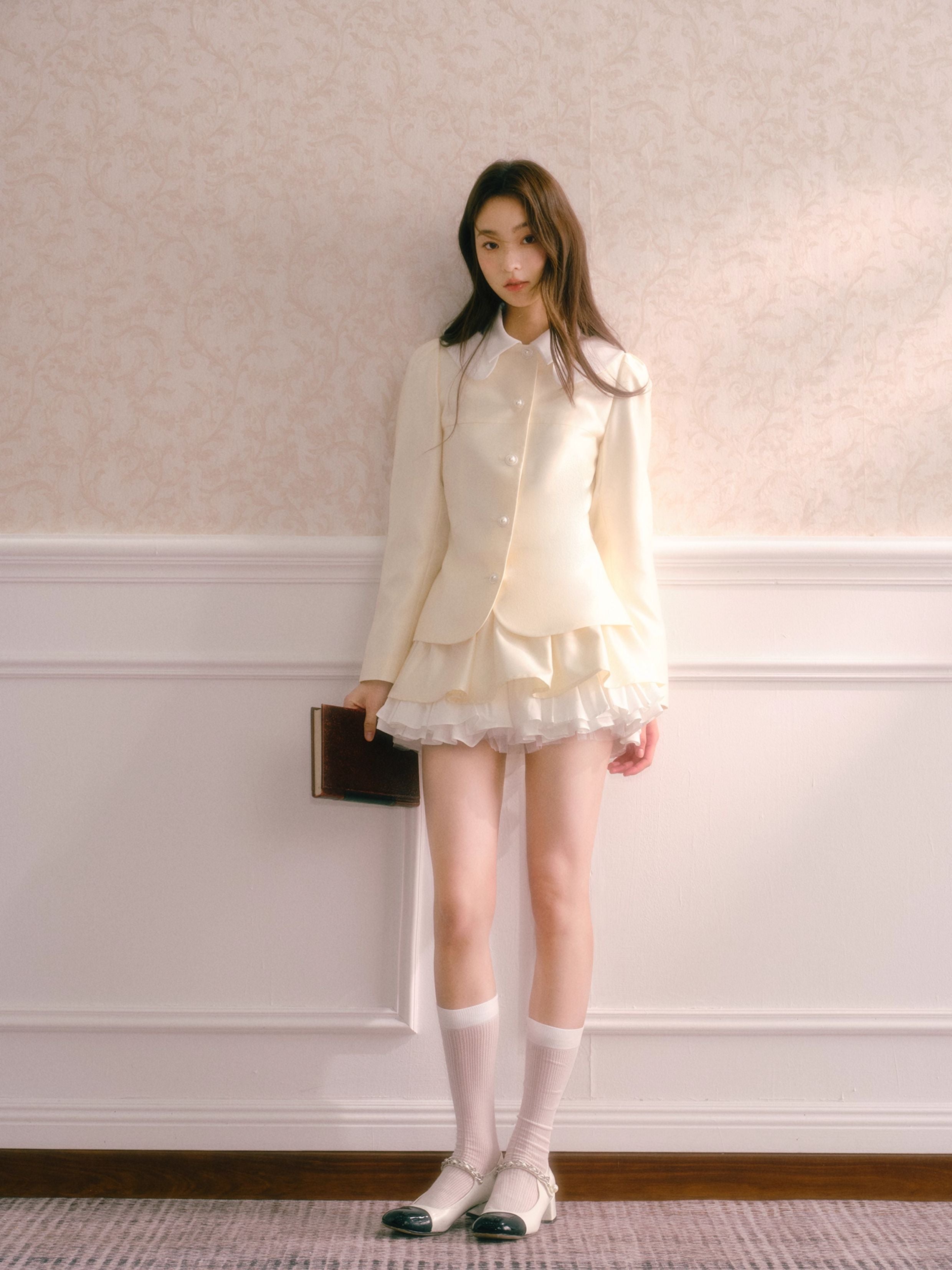 RECIT Chanel-inspired champagne satin two-piece set for fall/winter, featuring a Peter Pan collar jacket and layered puffy skirt.