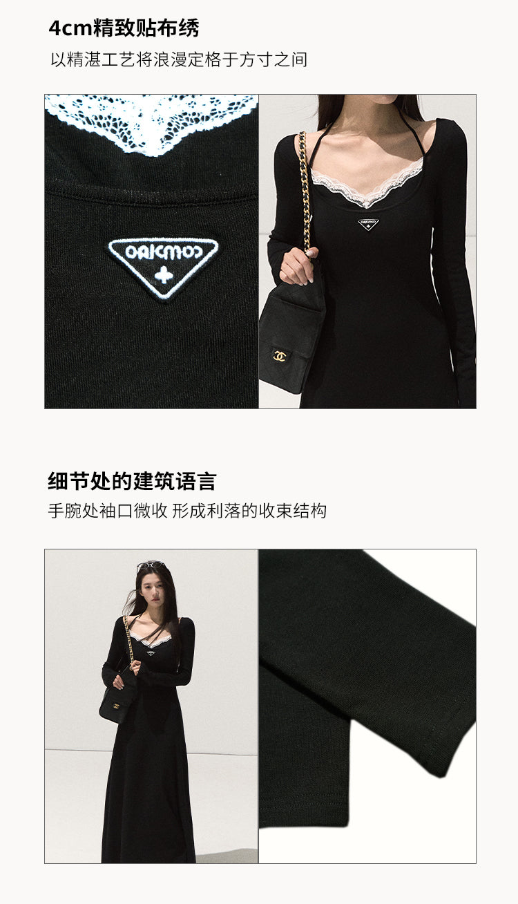 OAKMOO Black Two-piece Long Sleeve Faux Lace Halter Neck Waist Tie Dress, Autumn/Winter Long Dress with Waist Tie