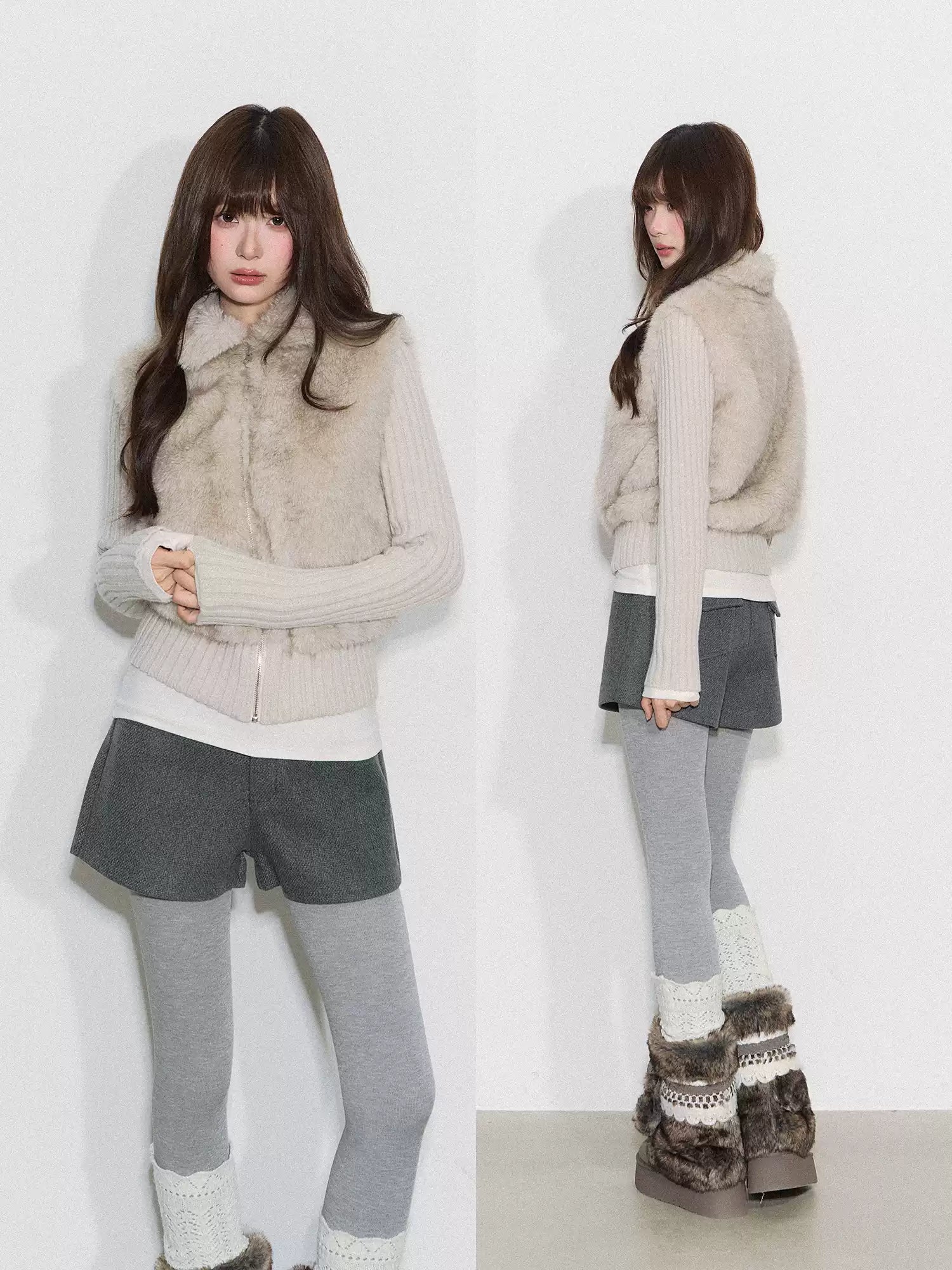 CYNI 【Caramel Afternoon】Millard Retro Plush Patchwork Short Two-Piece Faux Fur Coat for Women