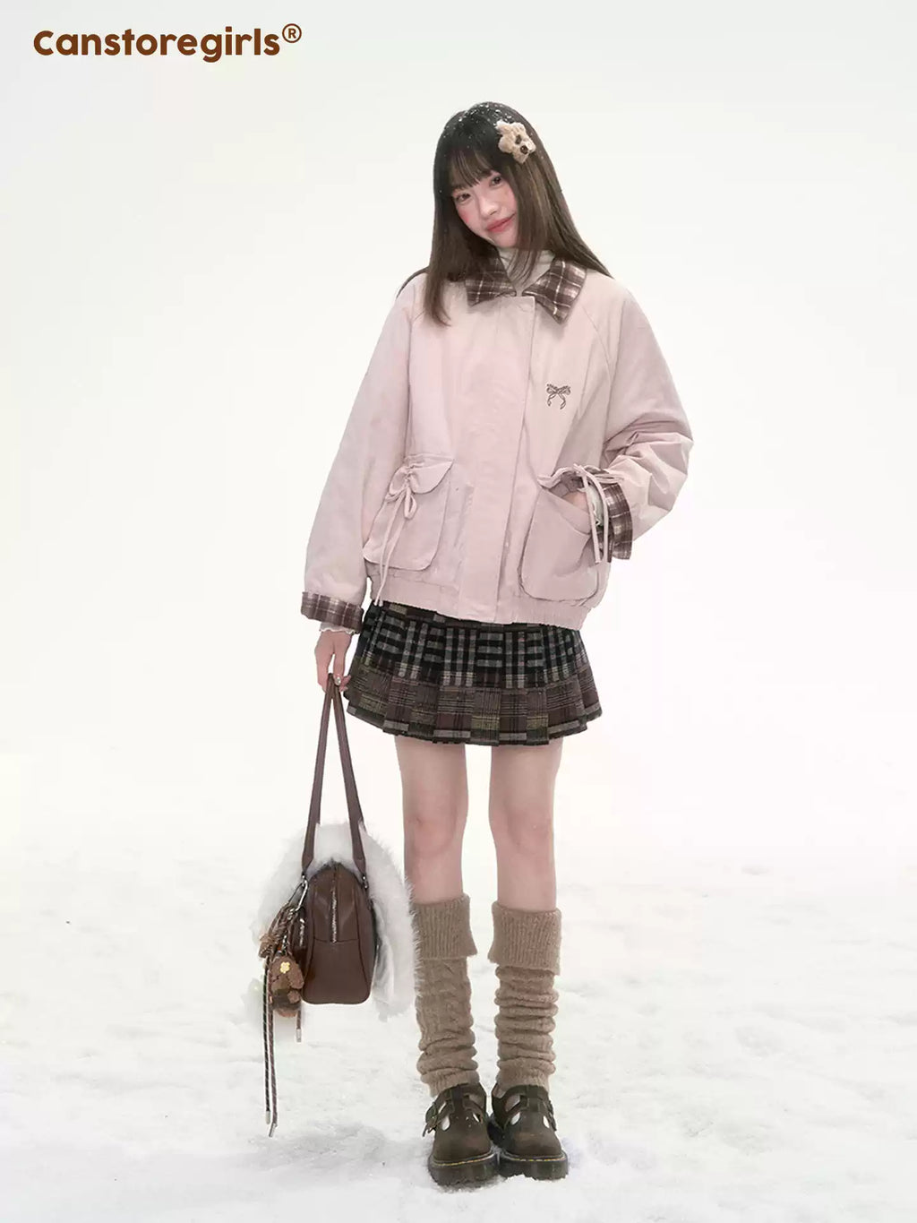 CANSTOREGIRLS New Winter Coat Cotton Short Sleeve Cans Store 'Pink Mist Sniper' Retro Girlish Contrast Collar
