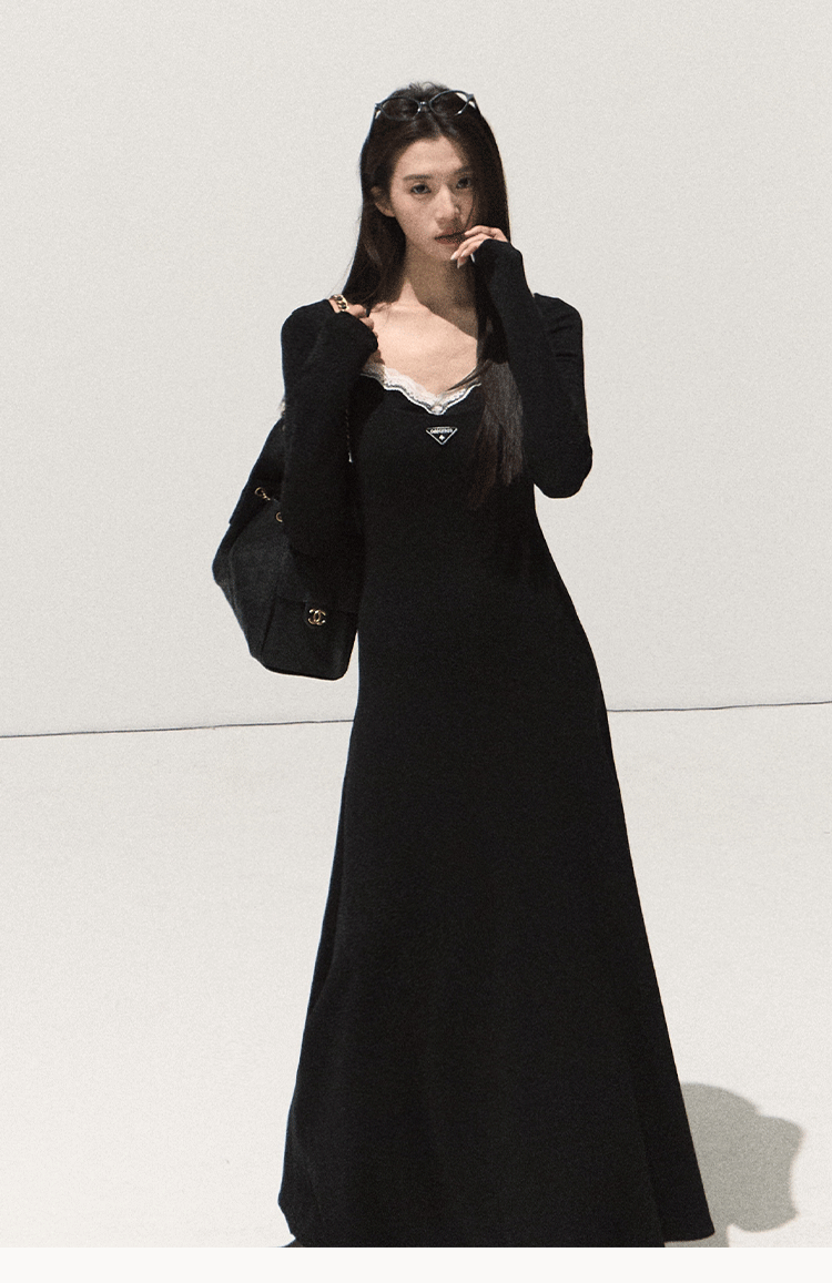 OAKMOO Black Two-piece Long Sleeve Faux Lace Halter Neck Waist Tie Dress, Autumn/Winter Long Dress with Waist Tie