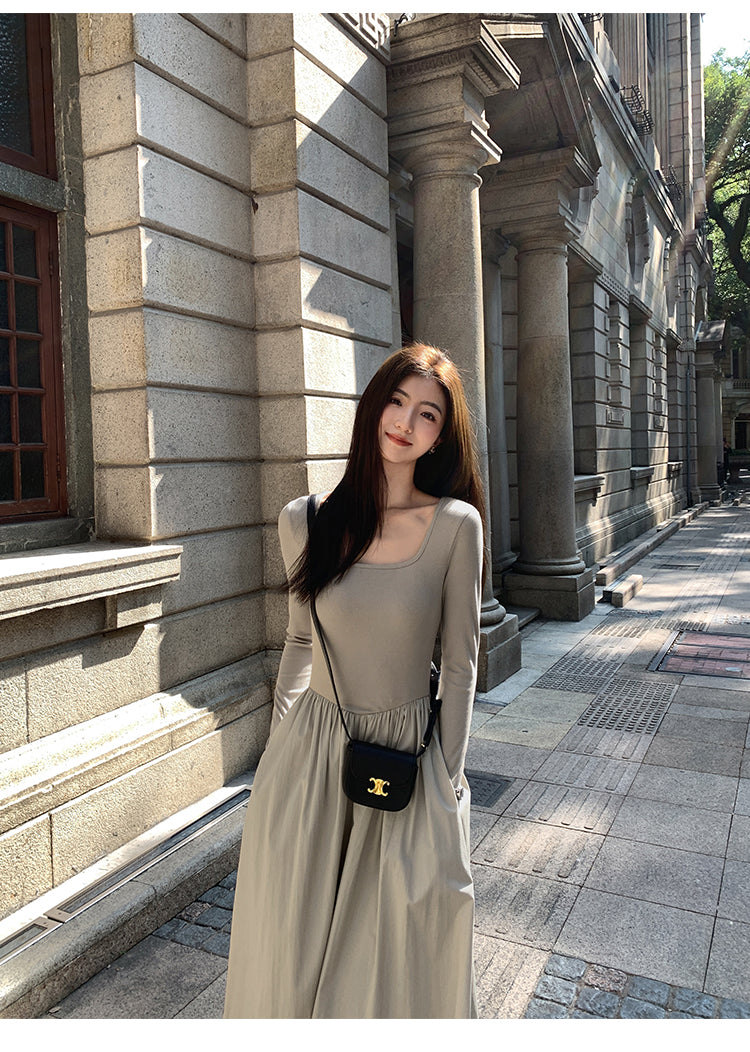 Mulvan High Quality French Style Women's Square Neck Long Sleeve Knit Dress