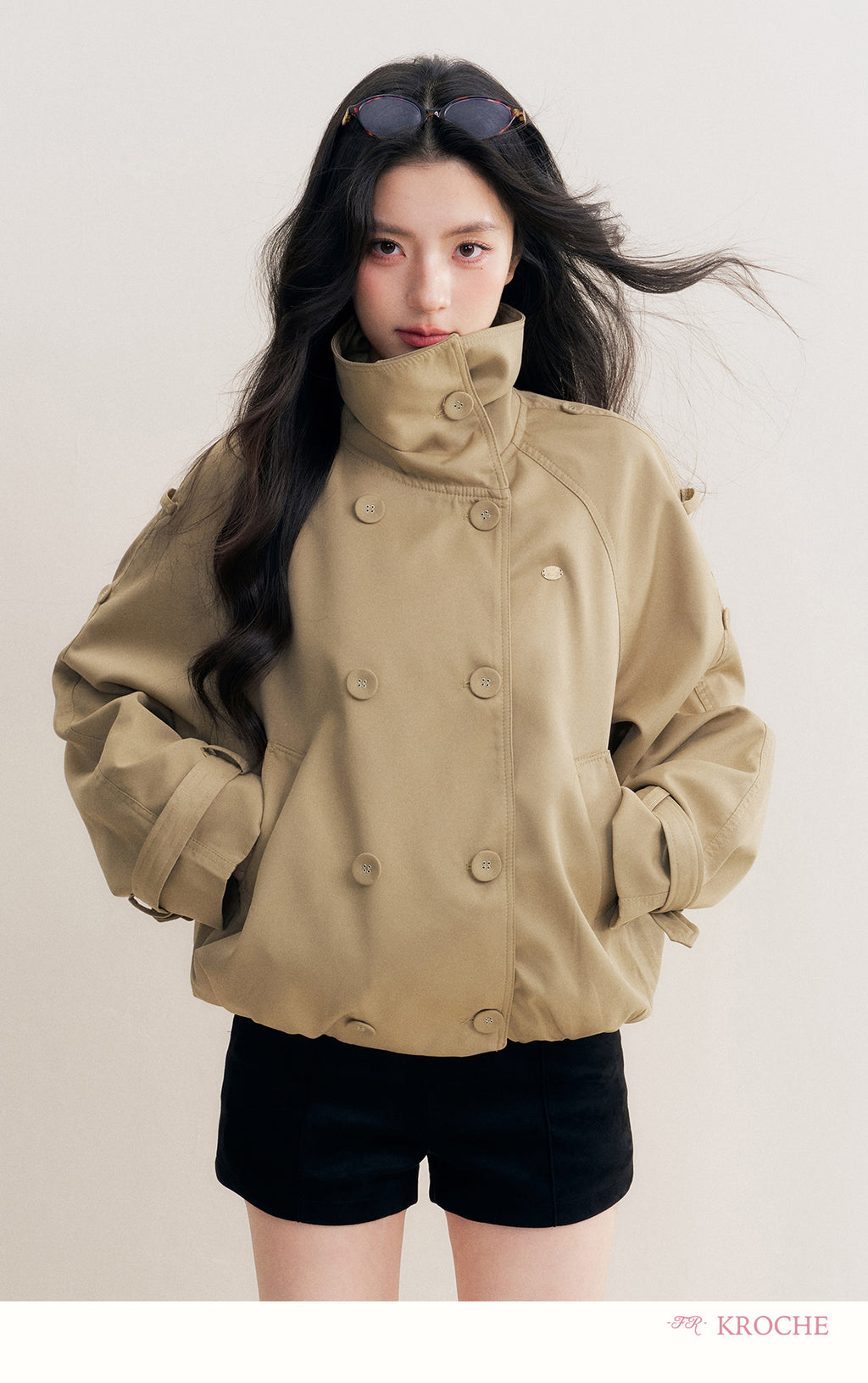 KROCHE Loose-fitting short trench coat, large lapels, double-breasted, loose-fitting, comfortable