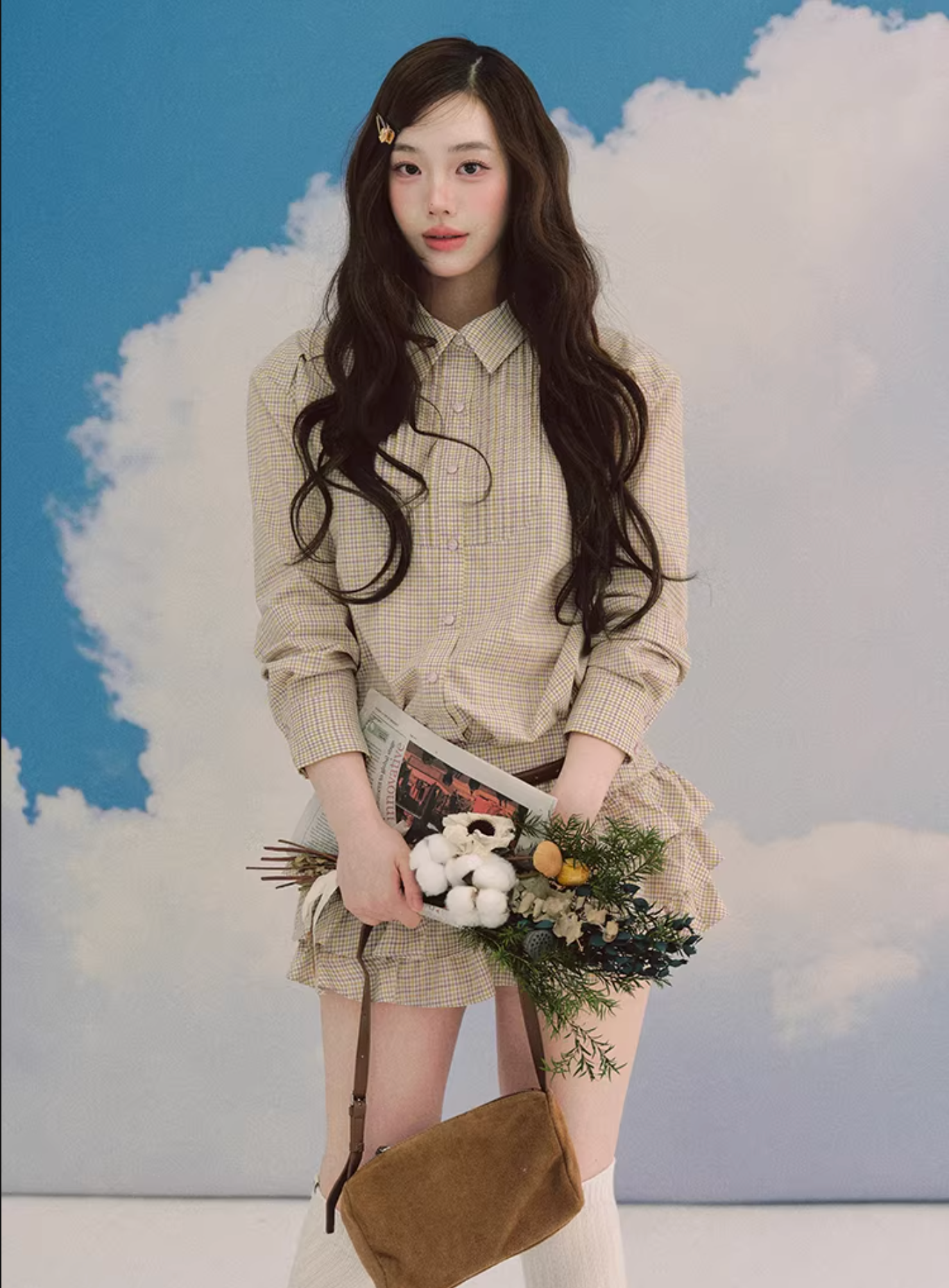 LaluneDuCiel Trendy retro style thick checkered shirt and puffy skirt set for schoolgirls