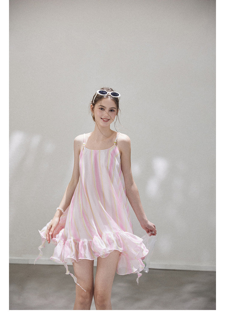 "Liuli Tangyu" Short, ruffled pinafore dress in a resort style, featuring a neon ombre Callmelater design.