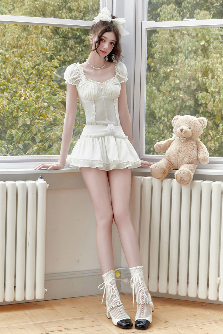 "Wind Chimes Waiting for You After Class" - A-line dress and skirt set with puff sleeves and lace, perfect for summer student style.