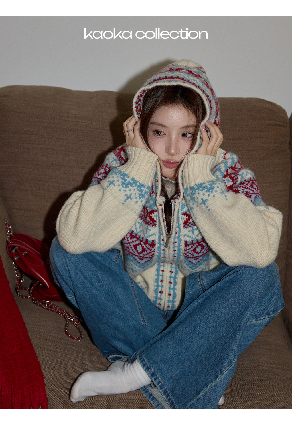 KAOKA Chaochao Fair Isle Beige Christmas Hooded Sweater Women's Long Sleeve Thick Sweater