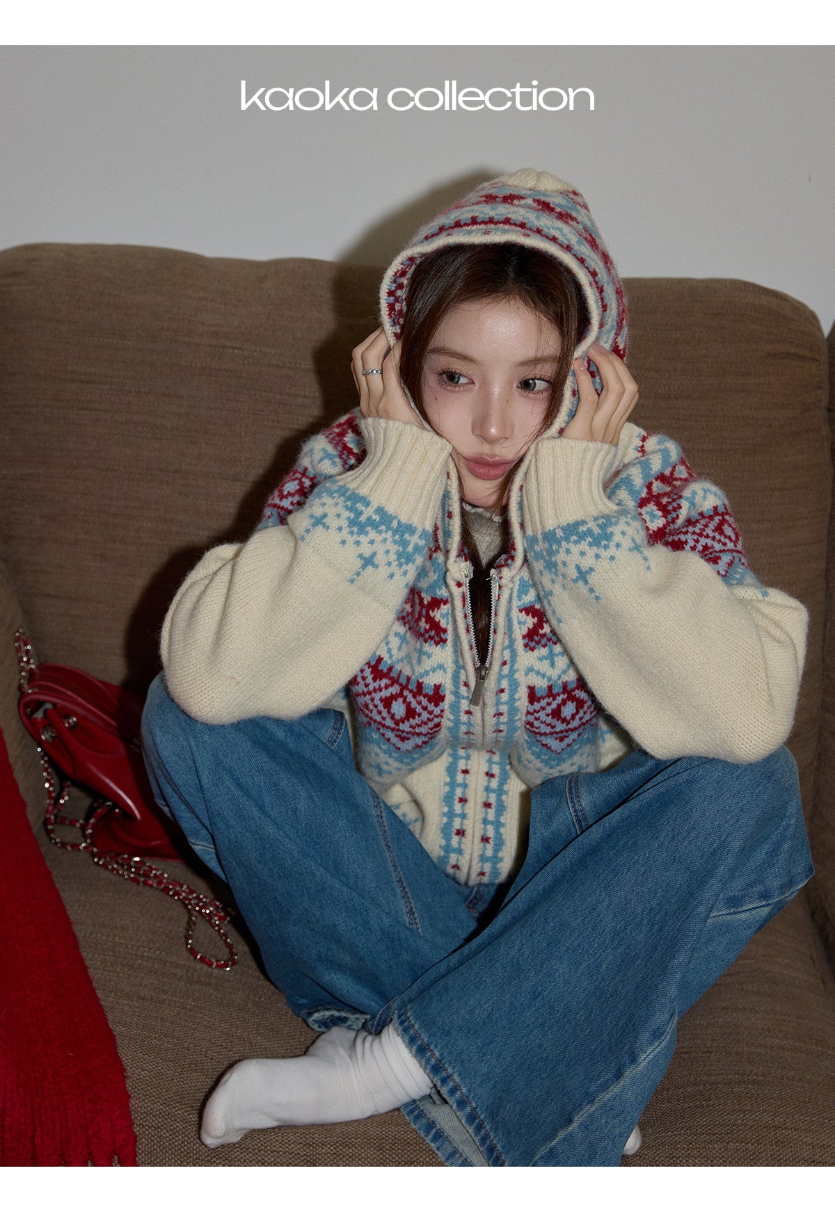 KAOKA Chaochao Fair Isle Beige Christmas Hooded Sweater Women's Long Sleeve Thick Sweater