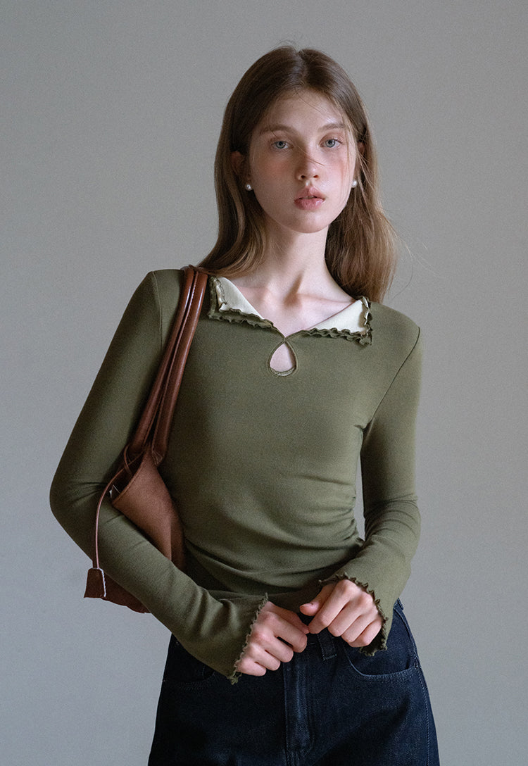 EGGKA Women's long-sleeved V-neck T-shirt with colored trim, new autumn design, slim fit, elegant waistline (sale)