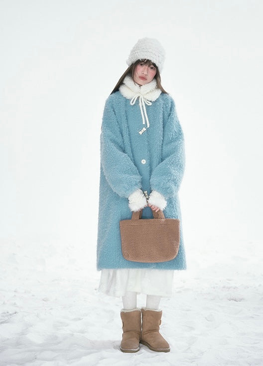 CANSTOREGIRLS Canned Goods Store women's coat 2025 winter new style color block medium length fur collar blue quilted wool