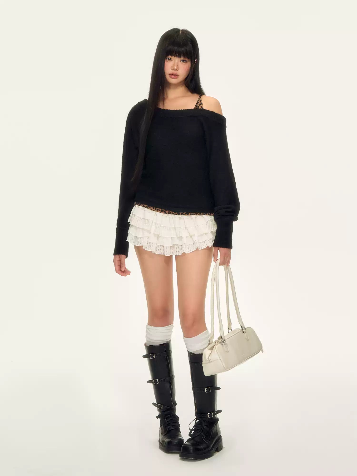 WEEKENDHUB Women's One Shoulder Strapless Long Sleeve Leopard Print Two-Piece Knit Sweater Soft and Warm Autumn