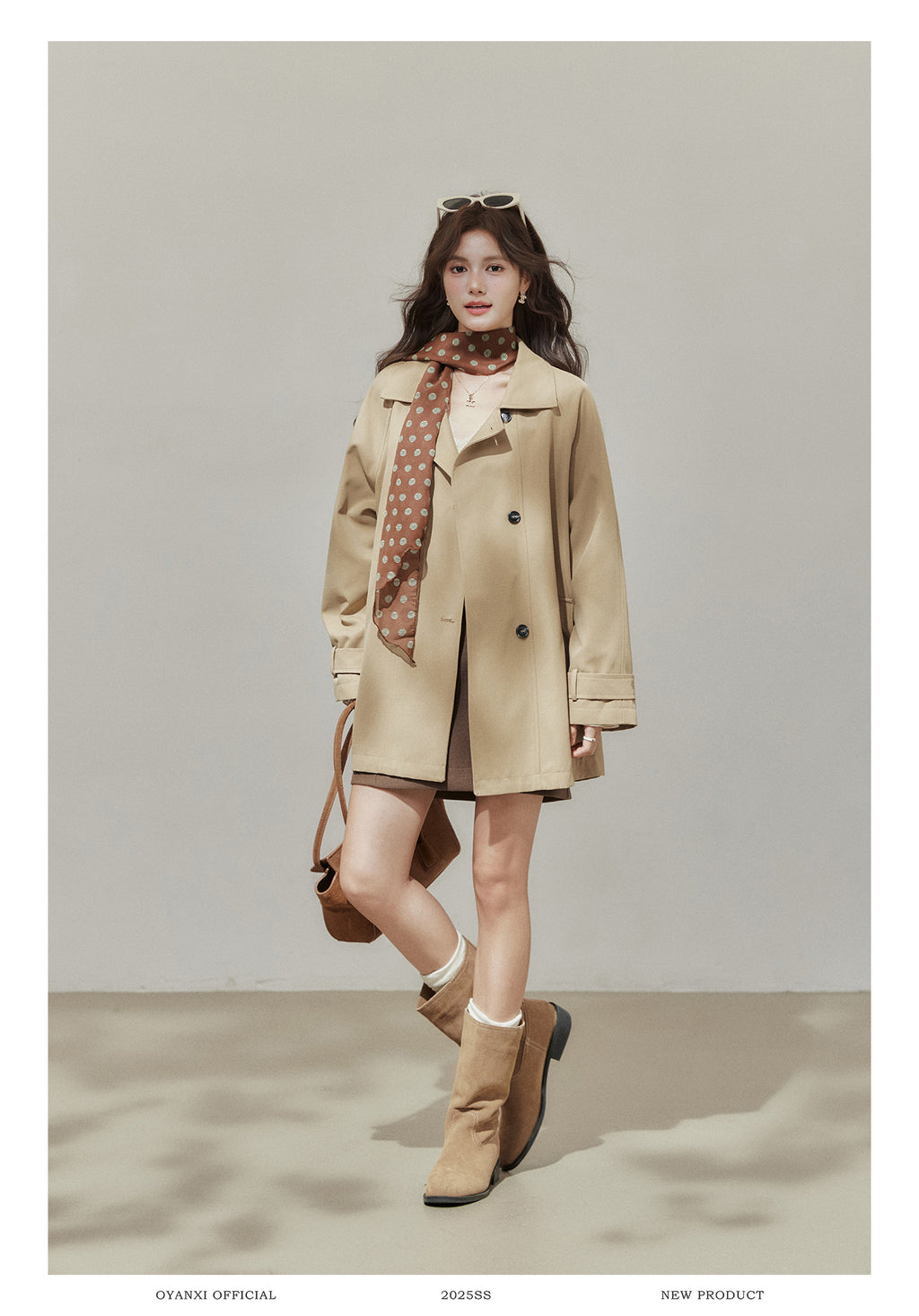 Oyanxi Women's Autumn "Freeze Paris" Khaki Raglan Long Sleeve Jacket, Short, Medium Length