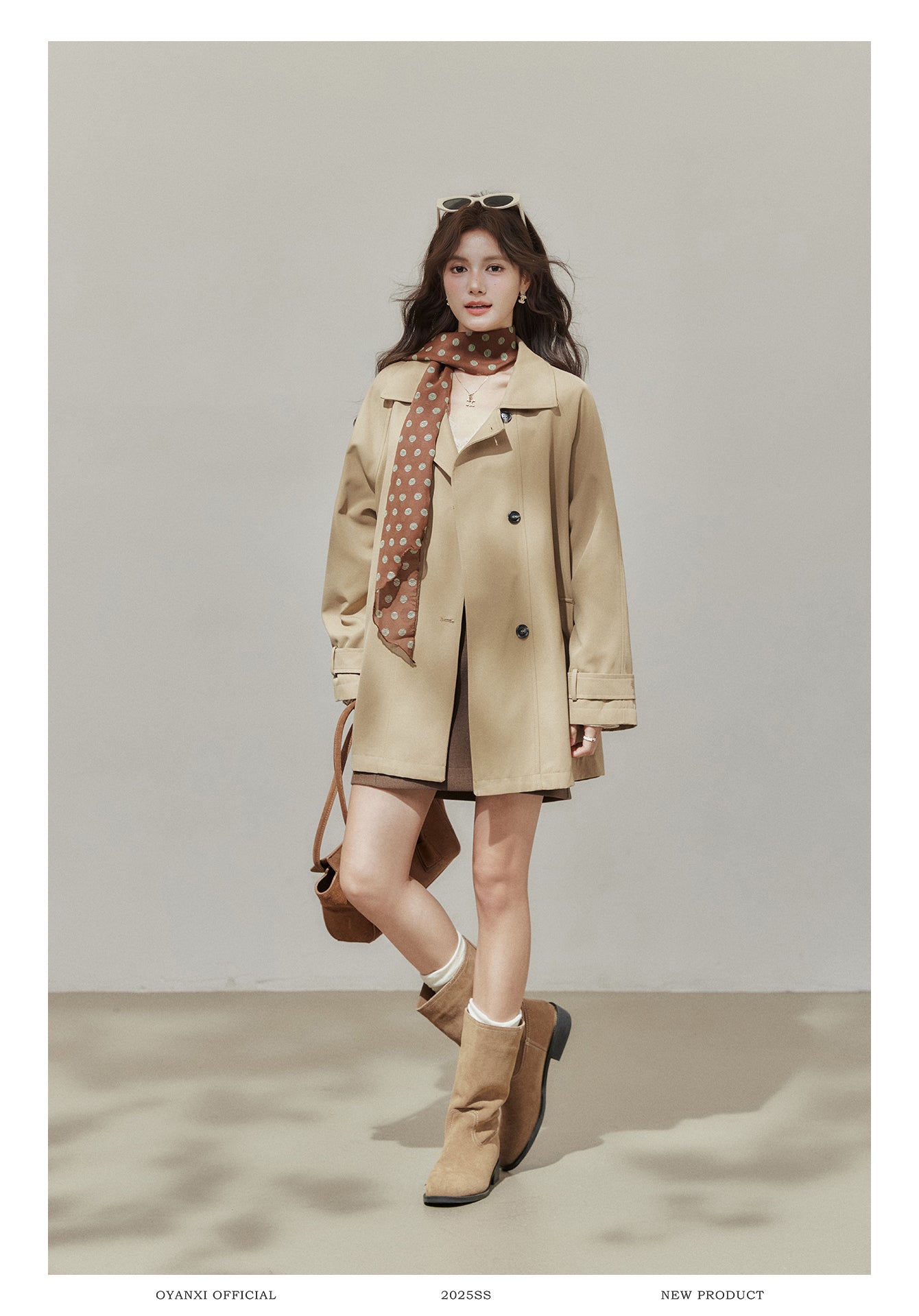 Oyanxi Women's Autumn "Freeze Paris" Khaki Raglan Long Sleeve Jacket, Short, Medium Length