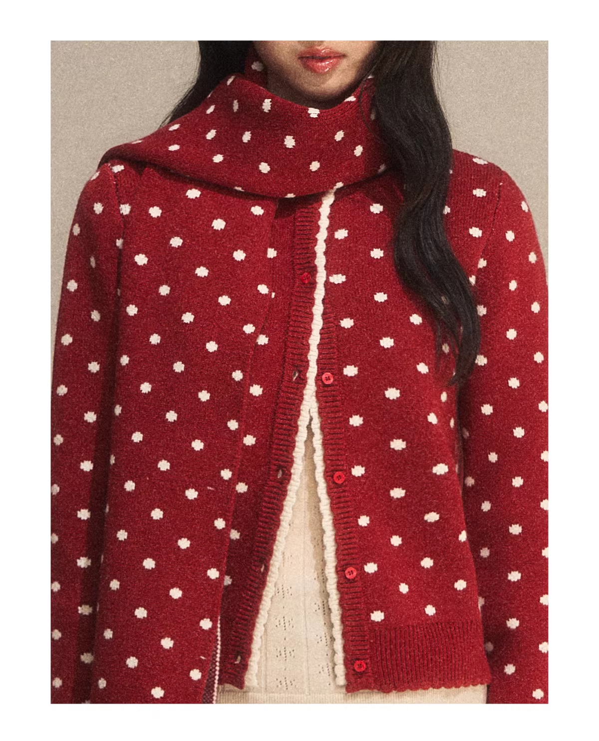 WEEKENDHUB Women's Weekendhub color-matched polka dot knitted cardigan, 2025 new retro model, red lace knitted top