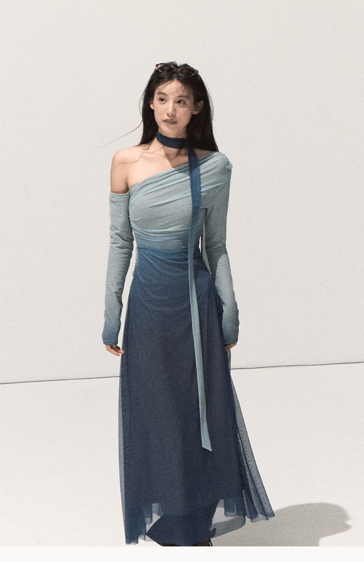 "Plant Aura" Oakmoo Gradient Stretch Off-the-Shoulder Long Sleeve Bodycon Dress
