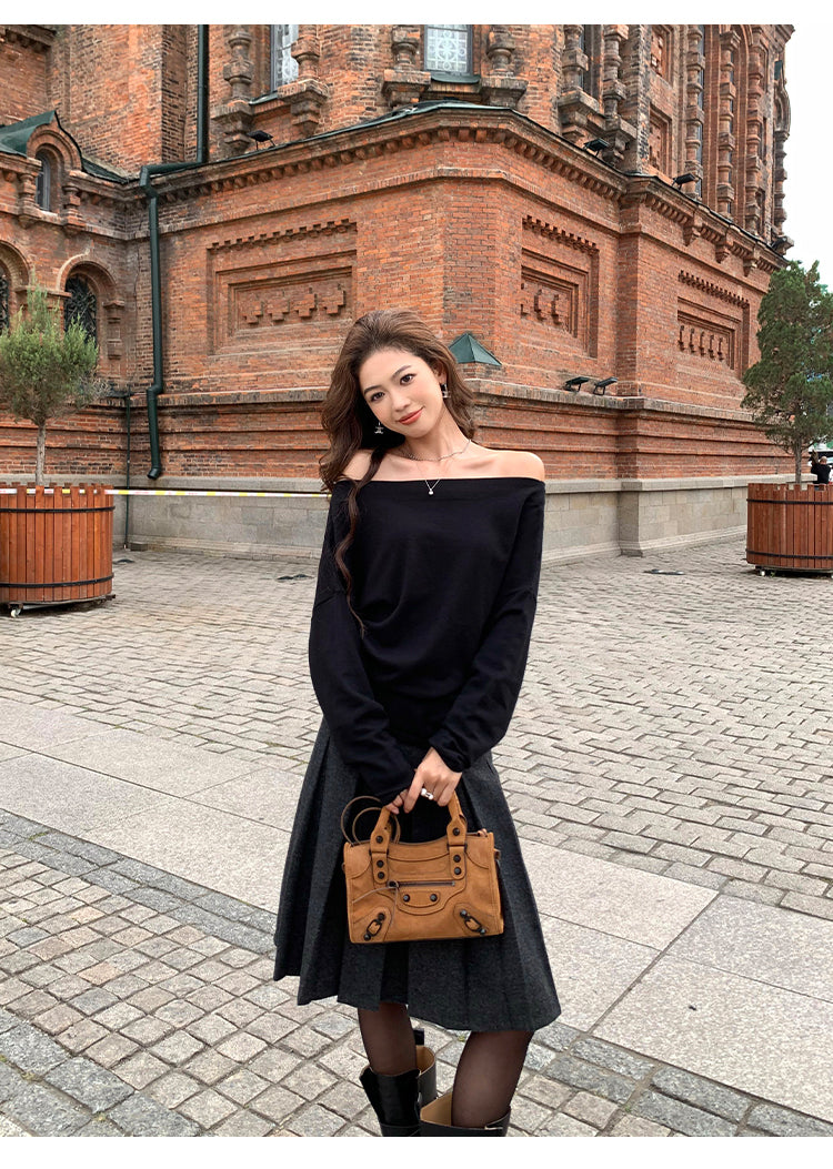 Pusumede one shoulder long sleeve sweater original color temperament female design cross shoulder t-shirt