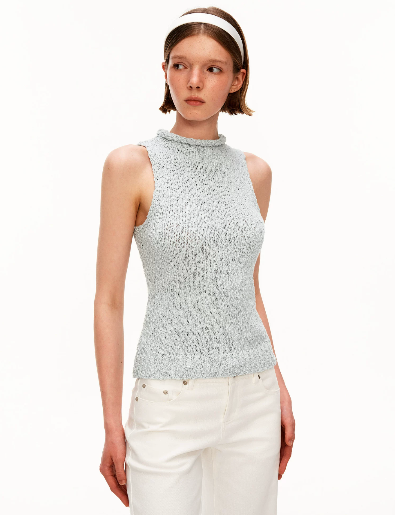 PUKI Sleeveless sweater with high collar, rolled hem, thick cotton material, retro design, tight fit,