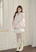 RECIT RECIT puffer jacket in sleek light pink mixed with satin with fur trim - Spacious, comfortable design for feminine winter