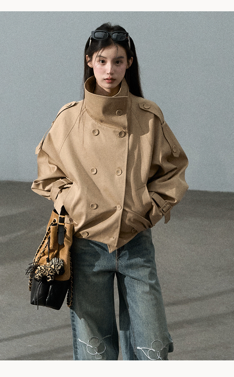Oakmoo "Through the Oak Woods" Short Double-Breasted Lyocell Cotton Stand Collar Trench Coat
