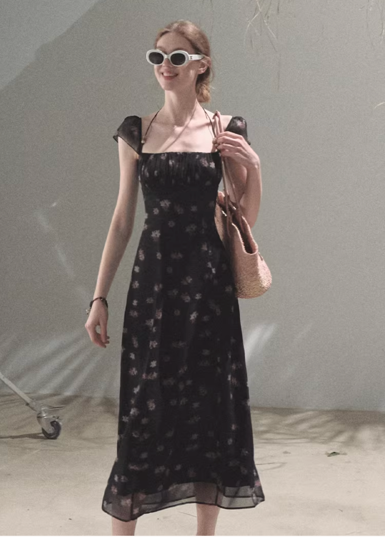 OAKMOO beaded halter-neck dress, fitted waist, unique floral print "My Own Moon"