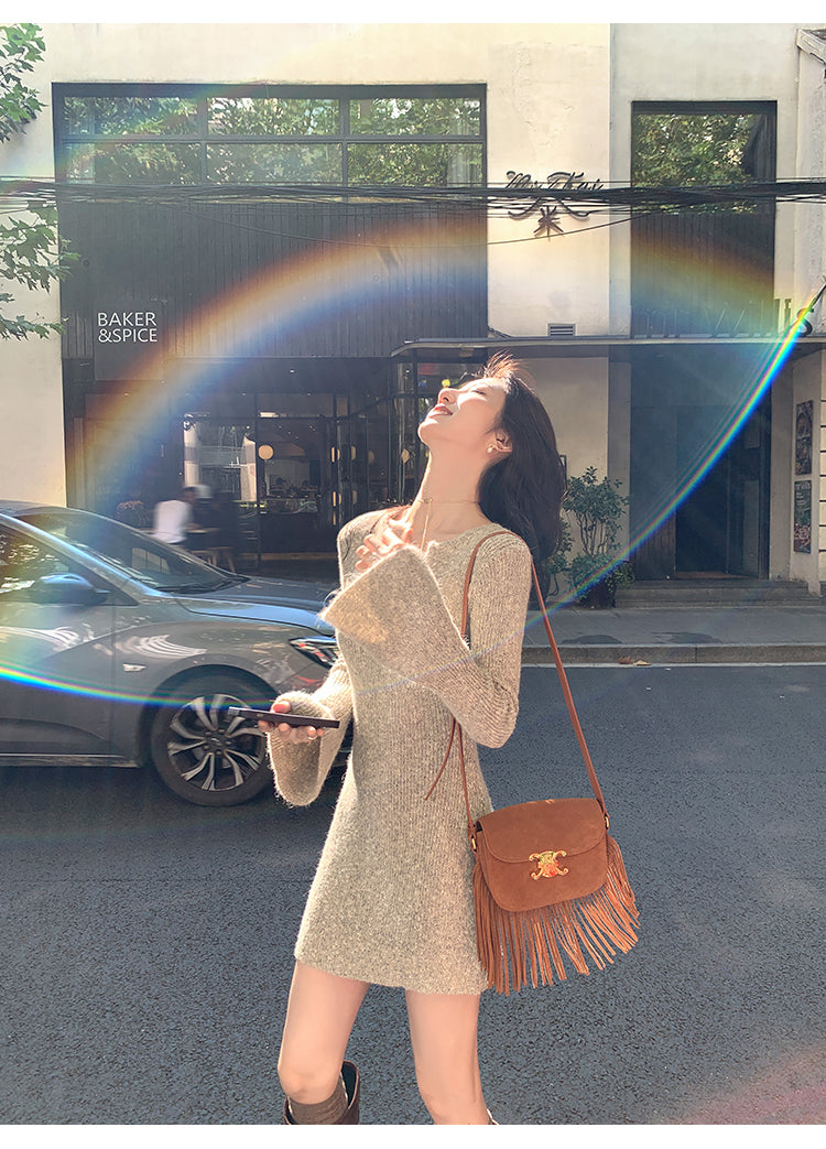 MULVAN MULVAN Women's Sexy V-Neck Sweater Dress, Fall/Winter, Slim Fit, Waistband, Bodycon Mini Skirt