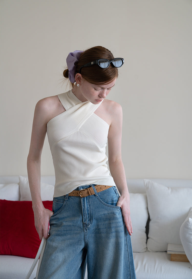 Women's Summer French Cross Neck Knitted Sweater, Short Bodycon Top EGGKA