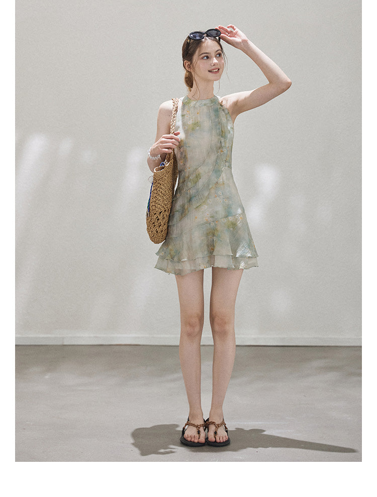 "Monet's ink painting" Callmelater sleeveless tencel halter neck dress with lace trim for the holiday season