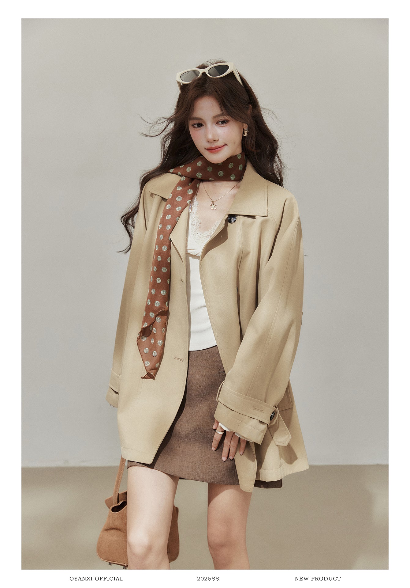 Oyanxi Women's Autumn "Freeze Paris" Khaki Raglan Long Sleeve Jacket, Short, Medium Length