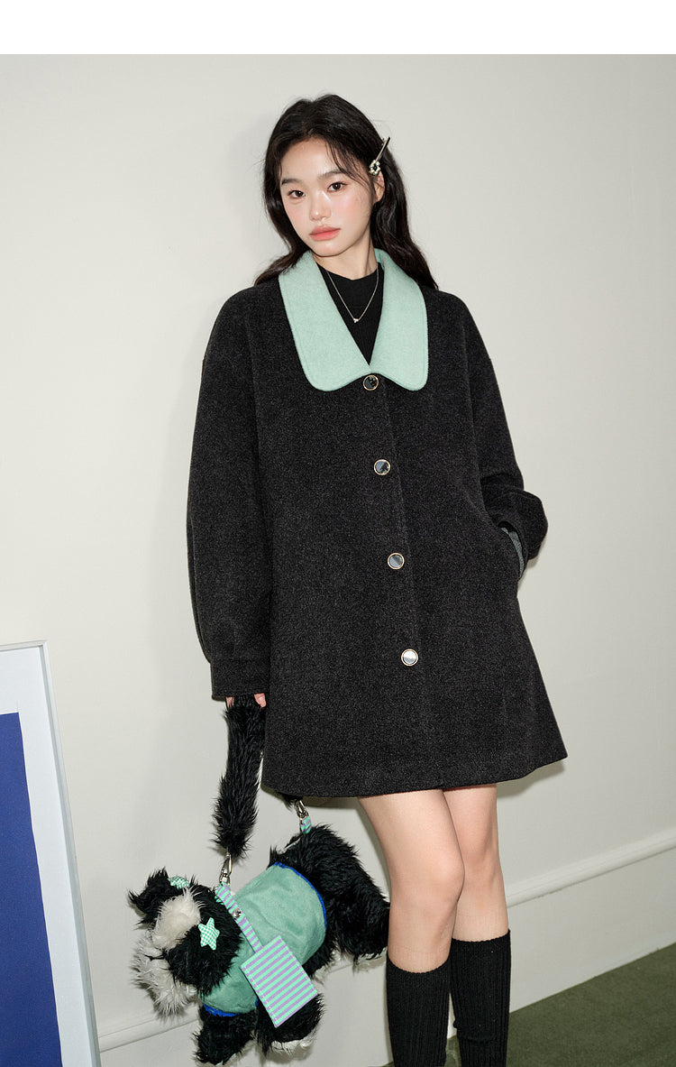 KOUSE Women's 2025 New Autumn Winter Classic Medium-Long Woolen Coat Black and Gray