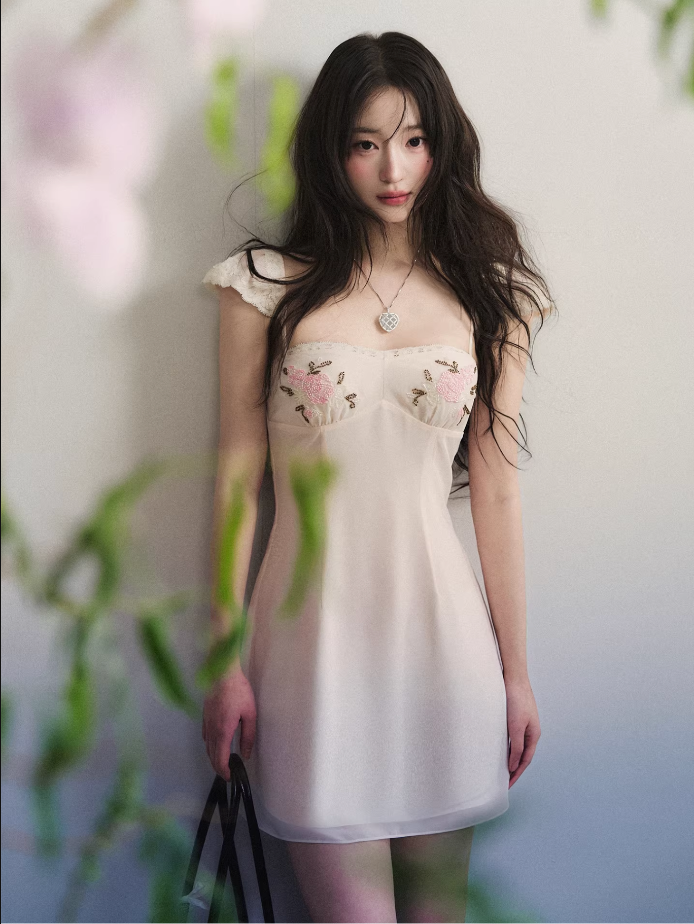 1PSTUDIO Light beige and light pink lace dress with intricate bead embroidery.