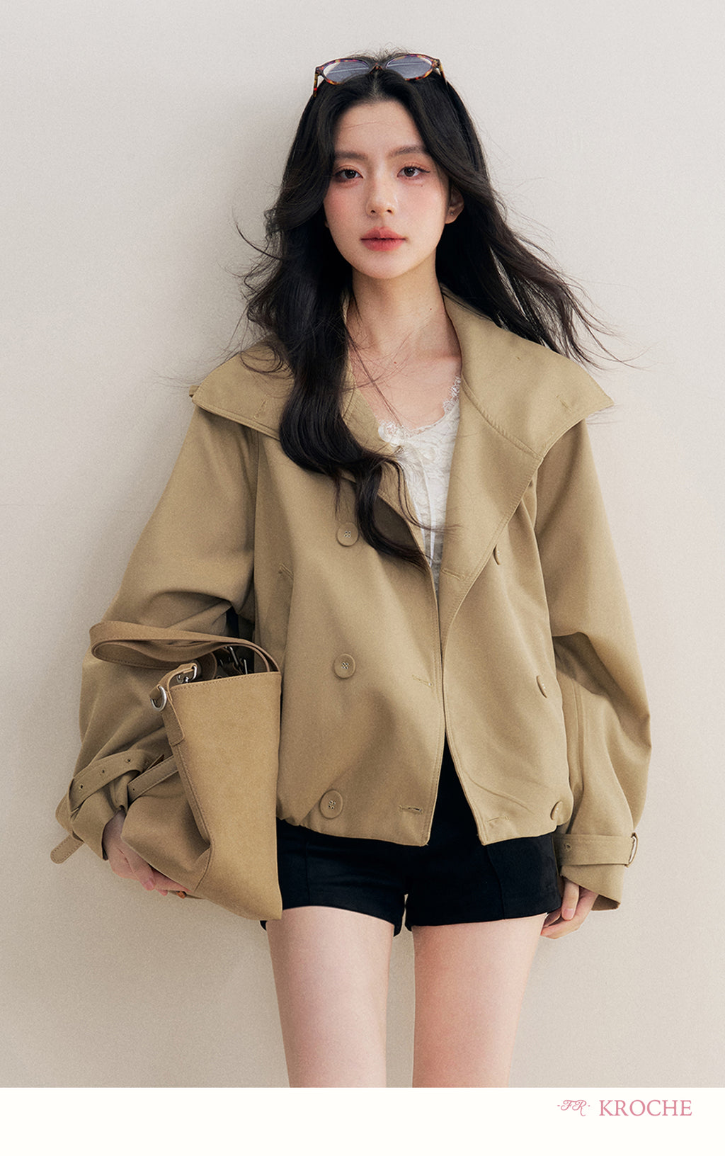 KROCHE Loose-fitting short trench coat, large lapels, double-breasted, loose-fitting, comfortable