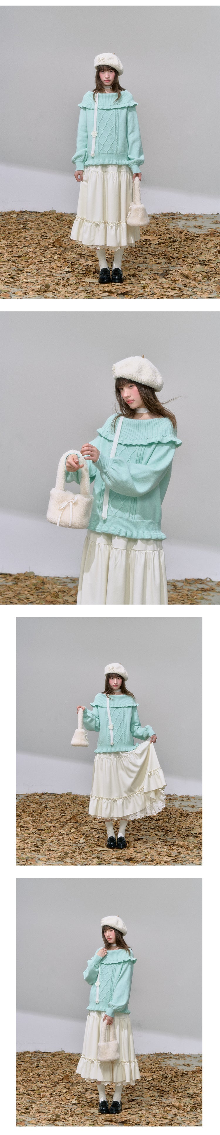 CANSTOREGIRLS Canned Goods Store Women's Mint Green Winter Off-the-Shoulder Rope Knit 'Mint Cloud Poem'